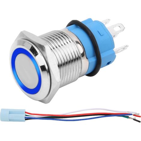 Bouton poussoir auto-verrouillant LED 12V étanche 16mm pour voiture, interrupteur à enclenchement avec prise (Bleu) (1/5)