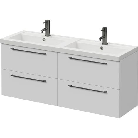 Napoli 390 Gloss White 1200mm Wall Mounted 4 Drawer Vanity Unit with Double Lucia Basins - 1200mm - Gunmetal Grey 320mm Handle