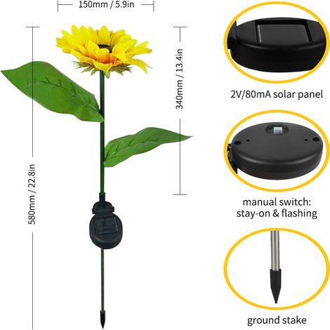 2pack solar powered jardin lights leds sunflower pelouse lumière IP44 extérieur paysage éclairage courtyard chemin décoratif, éclairage pour la maison (1/5)