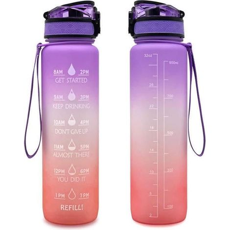 Bouteille d'eau motivante 1L, étanche, sans BPA, avec marqueur horaire, durable et non toxique pour bureau, salle de sport, violet. (1/5)