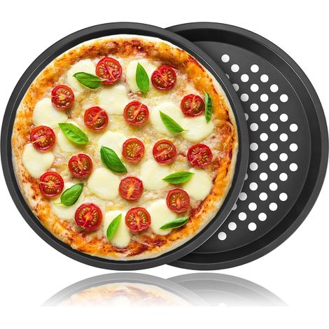 2 Pcs Moules à Pizza, Plateaux de Four à Pizza Ronds Plaque Pizza Antiadhésive en acier au Carbone, Tartes Flambées, Plaques de Cuisson pour Pizza Plat à Tarte Moule à Quiche, ∅ 28cm (1/5)