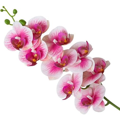 Fleurs Artificielles, Tige d'Orchidée Phalaenopsis en Latex, Bouquets Faux pour Mariage, Fête, Maison, Jardin, Décor Blanc et Cœur Violet (9 Fleurs/Tige, Lot de 5 Tiges) (1/5)
