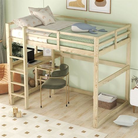 Lit mezzanine enfant 140x200 cm en pin avec bureau et 4 rangements — naturel