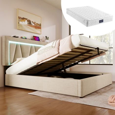 Lit adulte rangement LED 140x200 beige USB Type C moderne OKMYHOME (1/5)