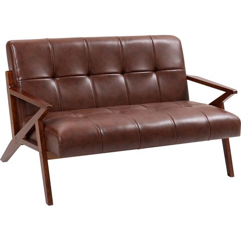 Compact 2 Seater Sofa, Vintage Tufted Loveseat Sofa with Solid Wood Legs, PU Leather Small Couch Settee for Living Room, Bedroom, Home Office, 133 x 81 x 78.5 cm, Brown (1/5)