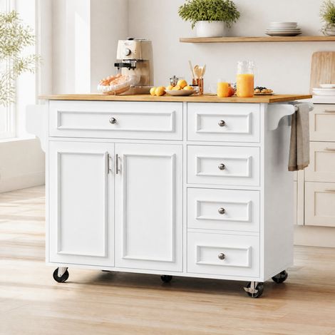 Isla de cocina 110/75/92 cm blanca con tablero plegable, cajones y almacenaje (1/5)
