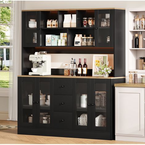 Mobile alto da cucina 150/40/173 cm nero e naturale, con LED RGB, prese e 3 cassetti (1/5)