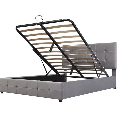 Cama canapé 140x200 cm con cabecero acolchado, terciopelo gris y almacenaje hidráulico (1/5)