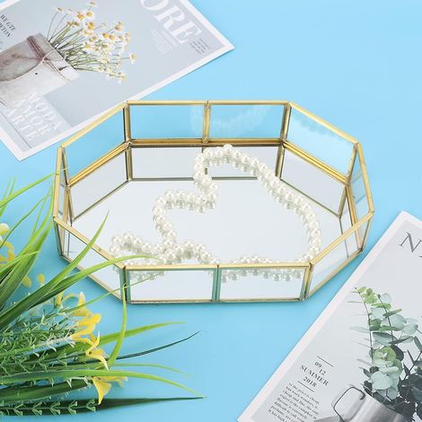 Brass and Glass Makeup Organizer Tray with Translucent Compartments for Jewelry Display and Storage (1/5)