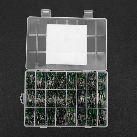 700 condensateurs à film polyester vert (24 types différents), de 0,22 nF à 470 nF, 100 V, avec boîte de rangement (1/5)
