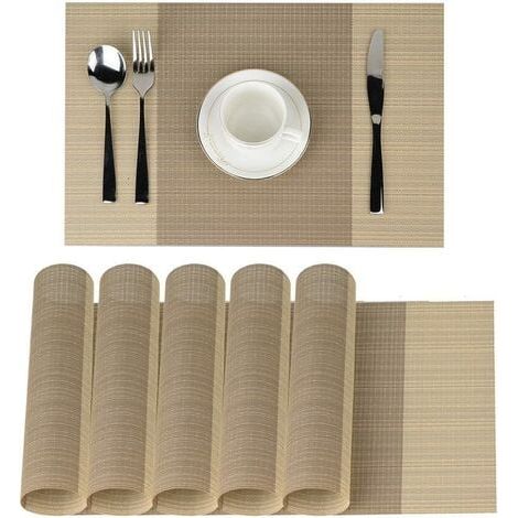 Placemats, Table Mats, Non-Slip, Washable, PVC, 30 x 45 cm, Heat Resistant, Rigid, Stain Resistant, Set of 6 (Beige) (1/5)