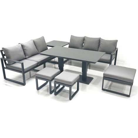 Fimous 9 Seater Aluminium Outdoor Garden Furniture Set with Adjustable Rising Lifting Dining Table 3 Seater Sofa 3 Footstools Side Table Dark Grey (1/5)