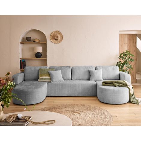 Bestmobilier – Canapé panoramique en U 7 places convertible avec coffre – Velours texturé 100% polyester – Dimensions 313x162 cm – Densité 28 kg/m3
