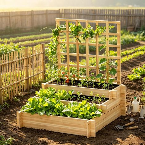 Carré potager avec treillis 95x95x110 cm en bois naturel, gain de place pour jardin FLORAGRACE (1/5)