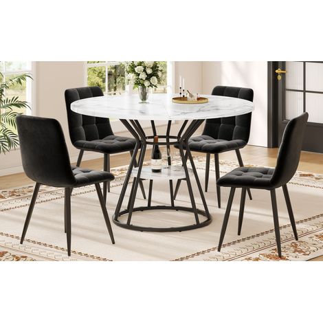 Set de table (5 pièces), table à manger ronde, table 100 x 100 x 76 cm (avec 4 chaises), table basse ronde pour 4 personnes, chaise en velours (incluant table avec plateau marbre), chaise noire (1/5)