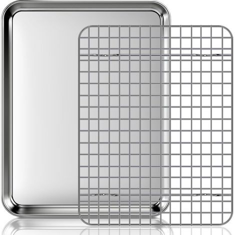 Baking tray with cooling rack: A set of stainless steel baking trays and cooling racks, suitable for roasting, cooking and grilling, 31.5 x 24.5 x 2.5 cm