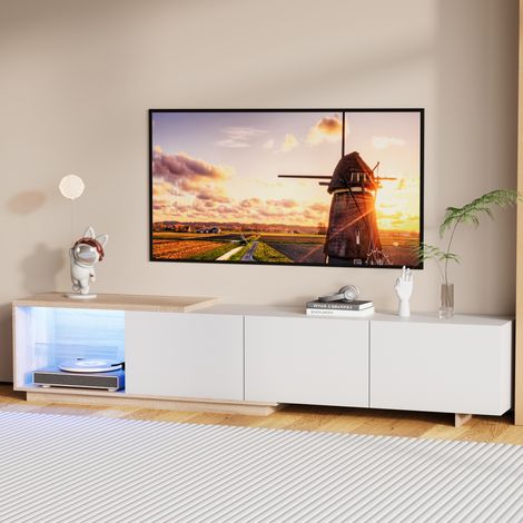Meuble TV Moderne, Extensible, avec lumières LED réglable, avec 3 tiroirs, Armoire TV, 163/240x38x44cm, pour Salon et Chambre, Blanc
