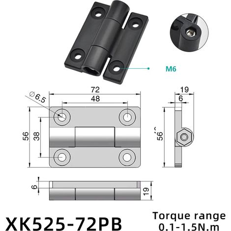 (XK525-72PB) 2 charnières à clapet pliantes en plastique et alliage de zinc avec amortisseur de torsion, butée de positionnement réglable et tampon de couple (1/5)