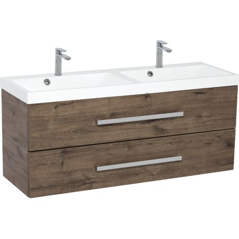 Naturel – Meuble de salle de bain double vasque CUBE2120ZDW – 120x40 cm – Marbre coulé décor chêne Wellington – Meuble suspendu avec tiroirs extensibles (1/5)