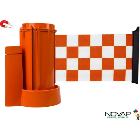 Enrouleur mural magnétique Orange avec sangle damier Orange/Blanc 3m x 100mm - 2053761 (1/3)