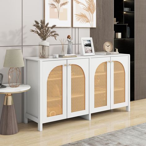Buffet 145x40x80cm avec 3 portes, meuble de cuisine, poignées en métal, pour salon/chambre, MDF, blanc (1/5)
