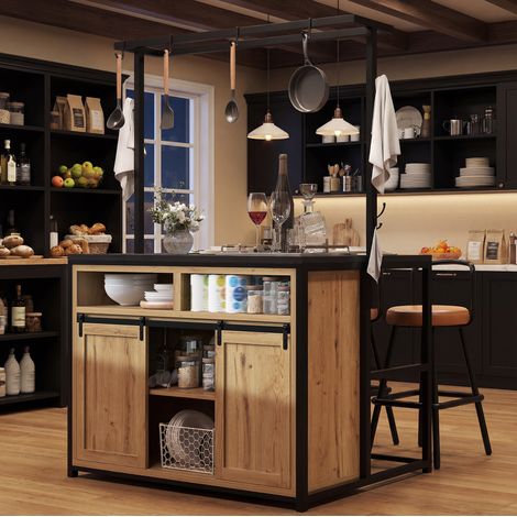 Isla de cocina con 2 taburetes, 107x62x183 cm, con enchufe y USB, MDF y metal, color madera (1/5)