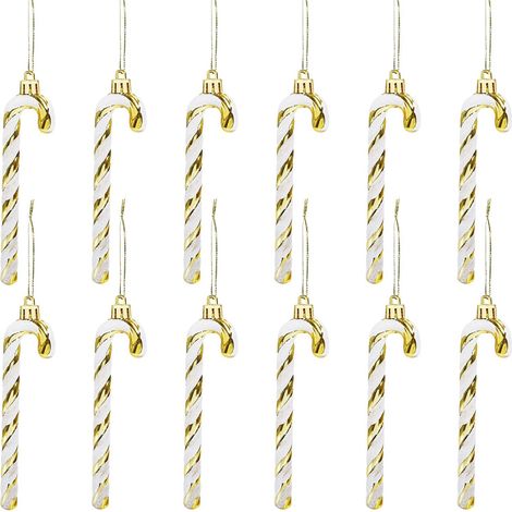12 bastones de caramelo navideños brillantes de 13 cm para decorar el árbol de Navidad, adornos colgantes con forma de bastón de caramelo, rayas doradas y blancas. (1/4)