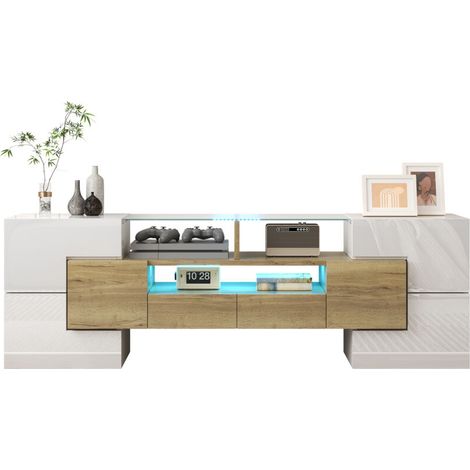 Meuble TV bas et élégant. Blanc brillant, 145 cm, éclairage LED, meuble de salon. Design moderne. Plateau en verre raffiné.