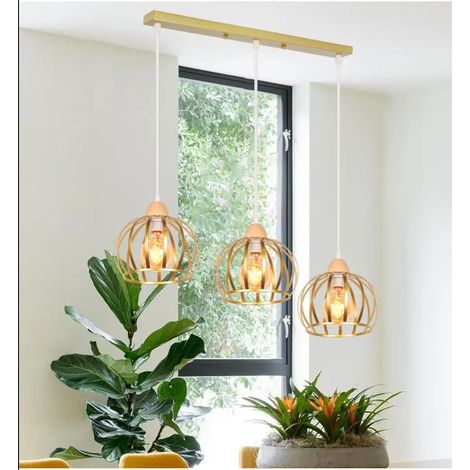 Lampe Suspension - - Vintage - Métal et Bois - 3 Ampoules - E27 - 60W (1/5)