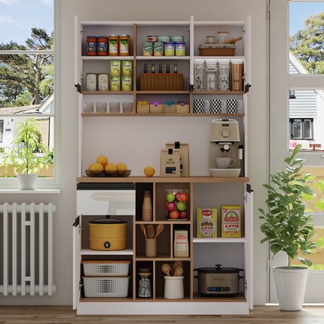 Aparador FloraGrace 105 x 45 x 185 cm de MDF blanco con almacenaje para cocina y comedor (1/5)