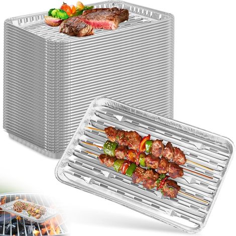 20 Barquettes Aluminium, Fentes Égouttement, 34x23cm, Cuisson Viande, Barbecue Gaz Charbon Four (1/5)