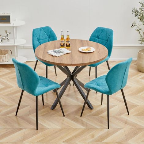 Esstisch-Set mit 4 Stühlen, 100cm runder Holztisch, Leinenstühle, Küche/Esszimmer (1/5)