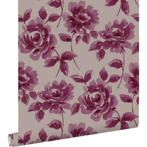 papier peint roses peintes à l'aquarelle violet aubergine et taupe - ESTAhome (1/5)