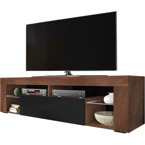 Selsey – Meuble TV Bianko 140 cm – Noyer mat et noir brillant – 4 niches ouvertes avec tablettes en verre – 1 compartiment fermé