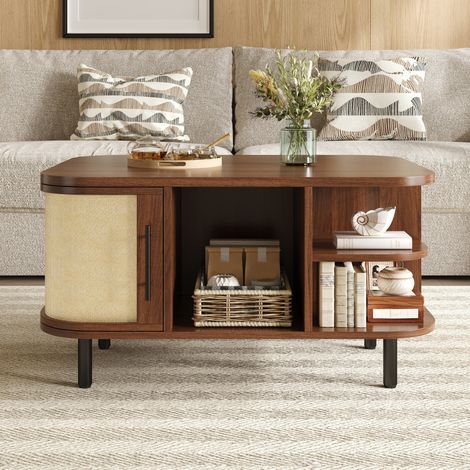 Mesa de centro para salón - 80x60x47 cm - mesa auxiliar curva con almacenamiento de efecto trenzado mdf y metal - estilo vintage - nogal (1/5)