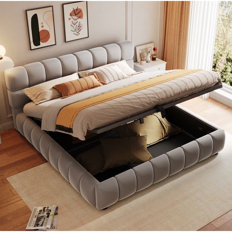 Bett 140x200 cm gepolstert in Grau mit Samtbezug, Kopfteil und hydraulischem Stauraum (1/5)