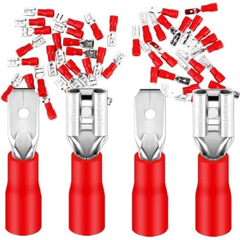 Lot de 50 cosses plates et fiches plates 0,5-1,5 mm² rouges/largeur de connecteur 4,75 mm partiellement isolées en PVC connecteur mâle FDD & MDD en laiton étamé (1/5)