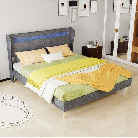 letto matrimoniale LED in tessuto 160x200 grigio OKMYHOME (1/5)