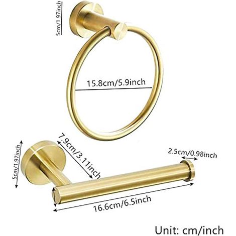 Set di 2 anelli portasciugamani dorati, accessori per il bagno con portarotolo e barra portasciugamani, montaggio a parete, accessori per il bagno in acciaio inossidabile spazzolato color oro (1/4)