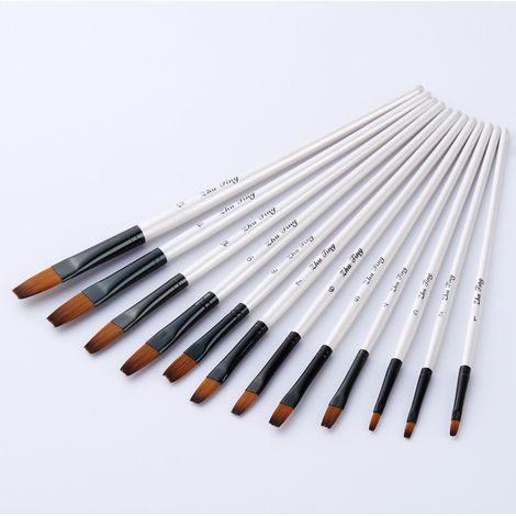 Ensemble de 12 pinceaux aquarelle à manche blanc et pointe plate – Pinceaux acryliques bicolores en nylon – Idéal pour les étudiants, le bricolage et la peinture artistique