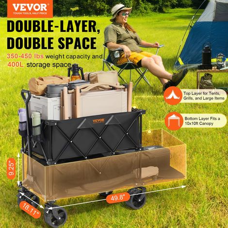 Chariot de Jardin Pliable, 400 L Chariot de Transport de Plage à Deux Étages Charge Max 204 kg avec Roues Tout Terrain, Chariot de Sport Robuste pour Camping, Shopping, Jardin, Extérieur, Noir (1/5)
