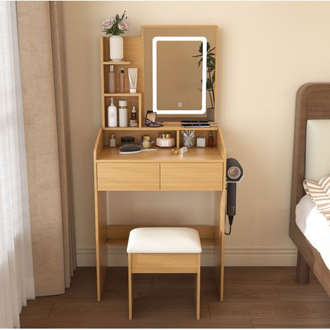 Coiffeuse avec miroir LED réglable, prise, 2 tiroirs, porte-sèche-cheveux et tabouret, 60x130x36 cm, MDF bois naturel (1/5)