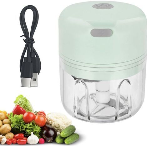 Hachoir Électrique 250 ml, Mixeur Hachoir Rechargeable USB, Portable Mini Coupe Legumes avec 3 Lames en Acier Inoxydable pour Oignon, Ail, Viande, Légumes et Les Fruits (Vert) (1/5)
