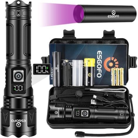 Lampe Torche LED Ultra Puissante, 500000 Lumen Lampe de Poche Rechargeable USB C, Multifonction Longue Portée Tactique Torches, Zoomable IPX6 Etanche Flashlight, LCD Affichage, Pour Camping (1/5)
