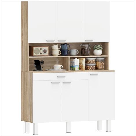Buffet haut bicolore blanc et effet bois naturel, vaste rangement, plan de travail avec passe-câbles, 120 x 40 x 175 cm (1/5)