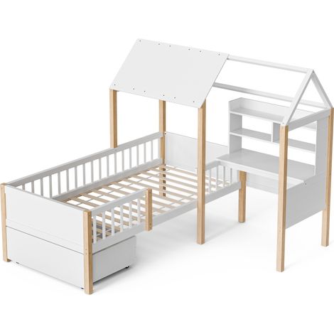 Letto a soppalco per bambini 90 x 200 cm con scrivania, ripiani, cassetti e sponda, bianco legno (1/5)