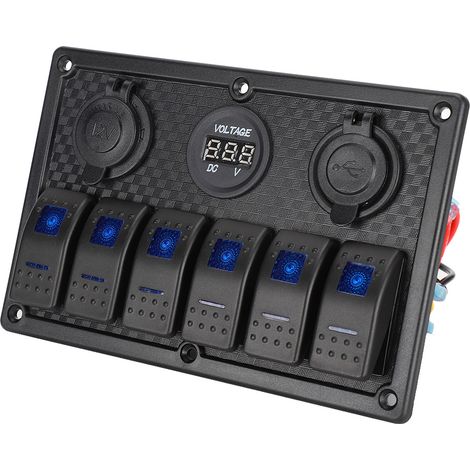 Panneau 6 interrupteurs à bascule 12V-24V, prise allume-cigare, 2 ports USB, voltmètre intégré, pour voiture, bateau, camion, camping-car. (1/5)