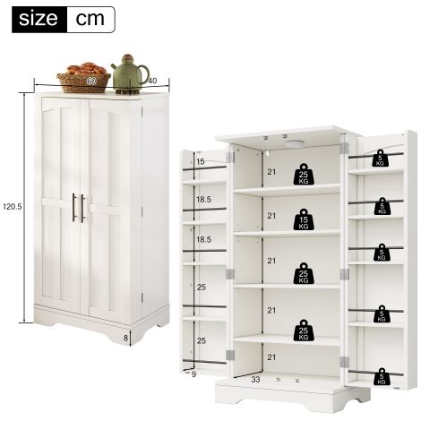 Meuble de rangement de cuisine avec éclairage LED à détecteur — Grand meuble de rangement à 2 portes, doté d'étagères réglables et d'un système de rangement intégré aux portes — Idéal pour cuisine, sa (1/4)