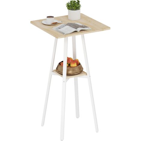 Table de jardin carrée Mesa Alta 2 personnes étagère pattes métal 55x55x95 cm bois naturel blanc