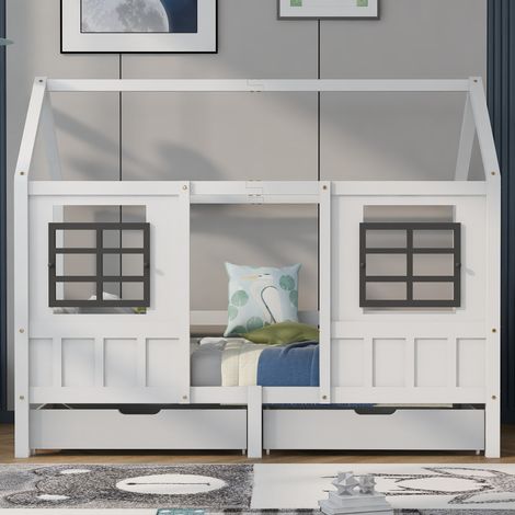 Lit cabane 207x97x174 cm blanc en pin et MDF avec 2 tiroirs (1/5)